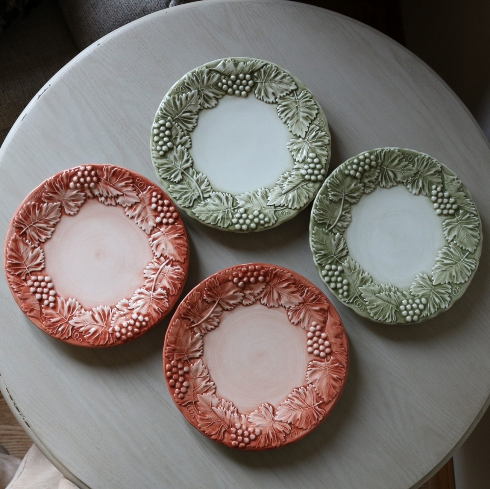 Vintage Williams-Sonoma Embossed Grape Salad Plates | Sage Green & Terra Cotta